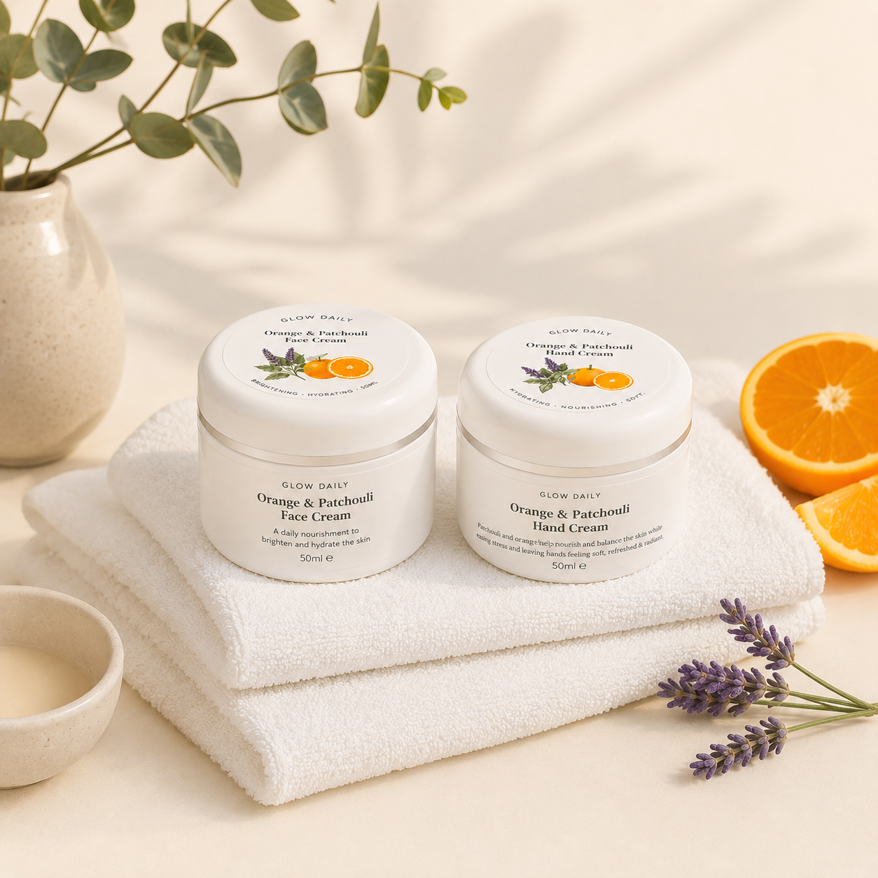 Orange & Patchouli Face & Hand Cream Bundle – Natural Hydrating Gift Set