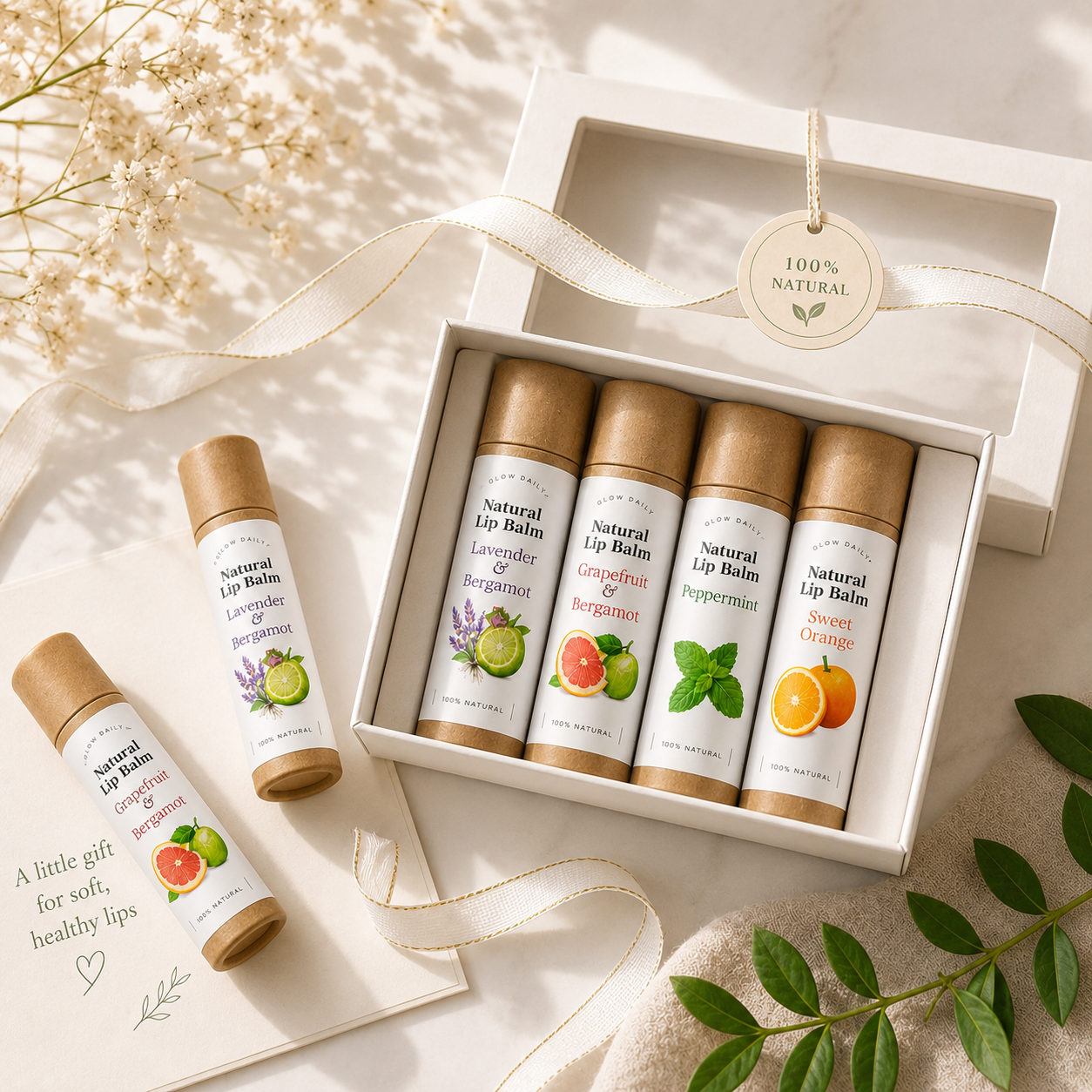 Natural Lip Balm Gift Set – Set of 4 Scents in Gift Box
