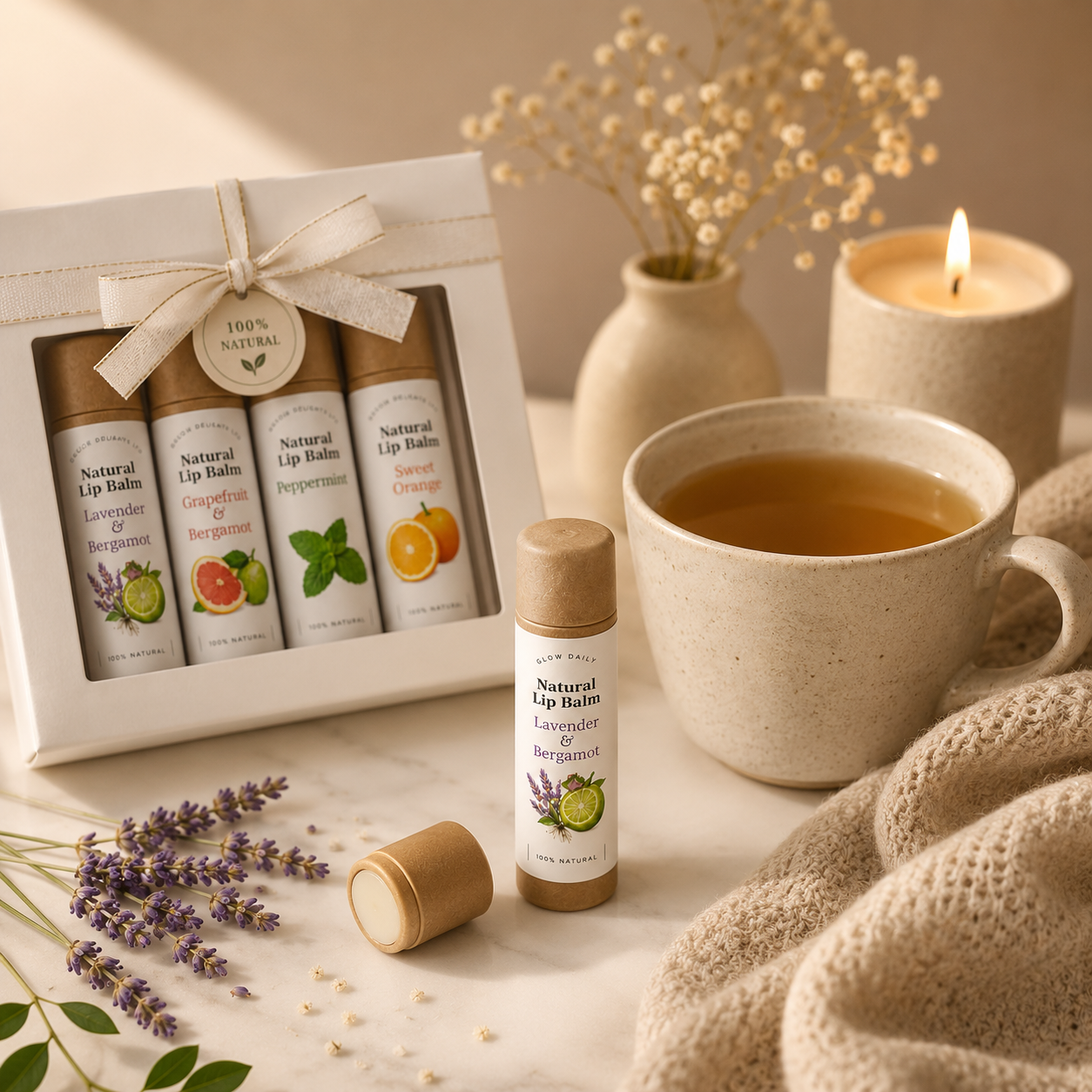 Natural Lip Balm Gift Set – Set of 4 Scents in Gift Box