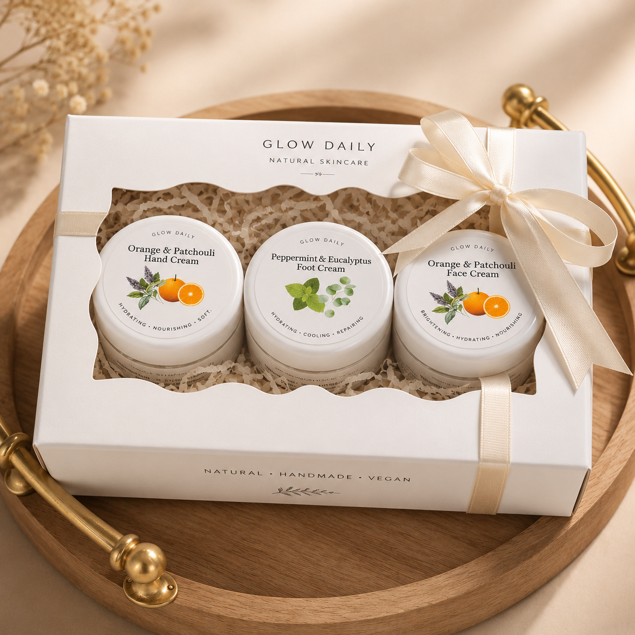 Natural Skincare Gift Set – Hand, Face & Foot Cream – Orange & Patchouli