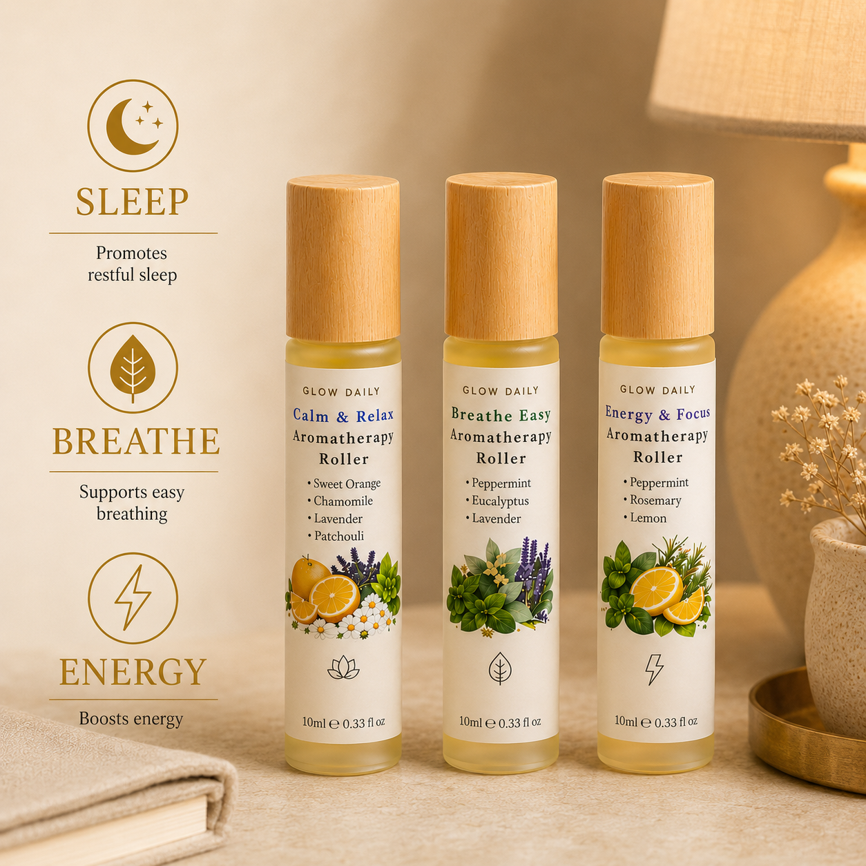 Aromatherapy Roller Set – Breathe Easy, Calm & Relax and Energy & Focus