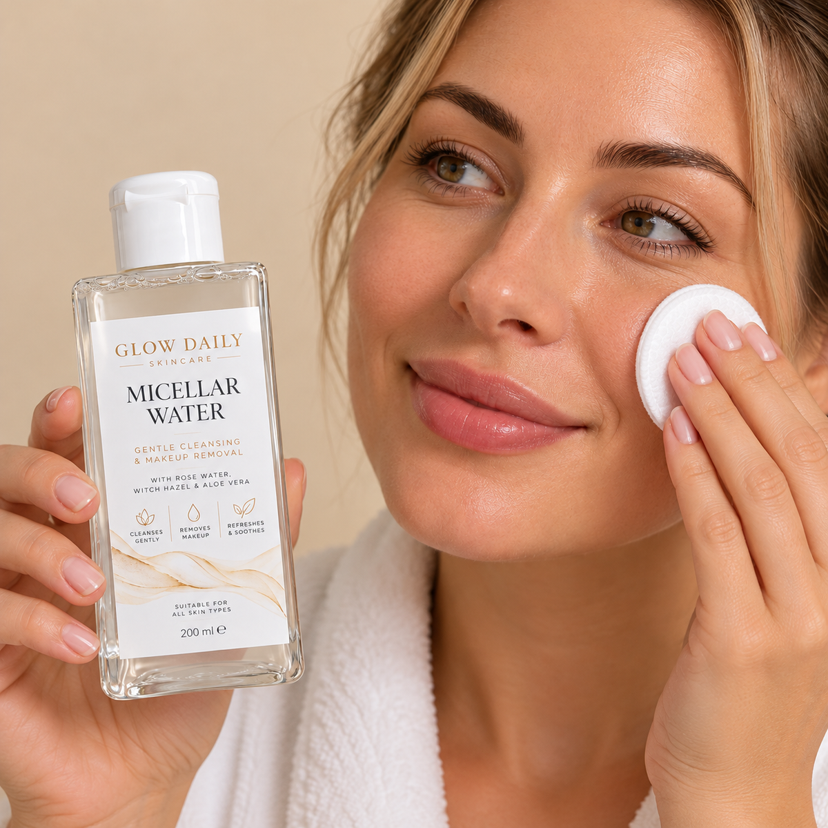 A woman in a white robe holds a bottle of Glow Daily Skincare Micellar Water while wiping her face with a cotton pad. The product bottle is a clear glass container with a white cap and a white label featuring gold and black text.