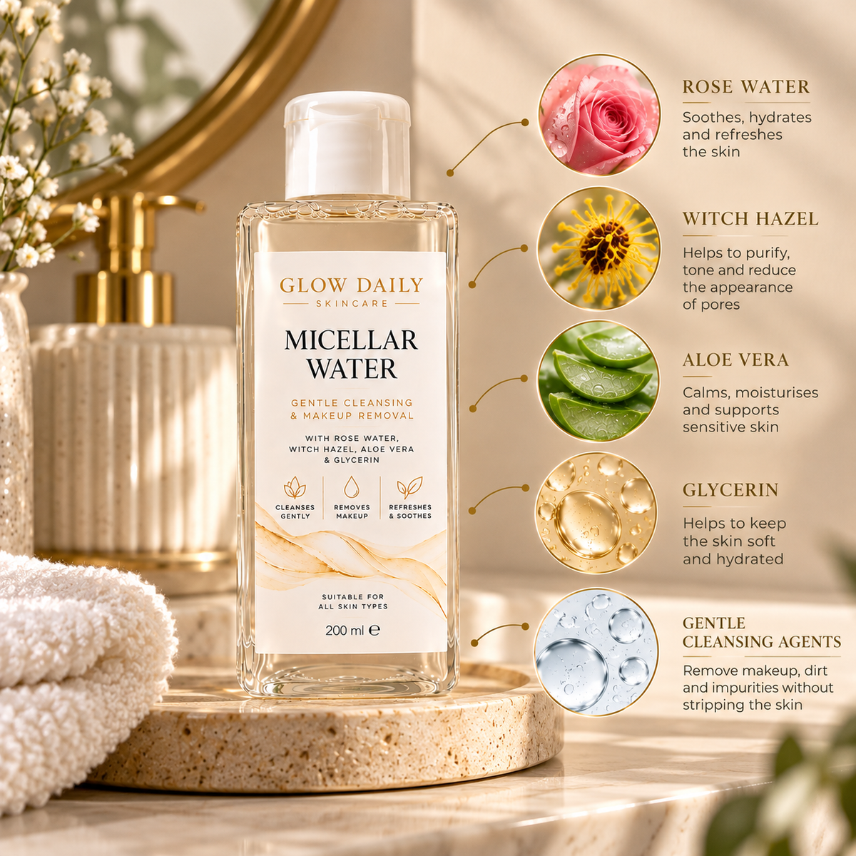 A clear bottle of Glow Daily Micellar Water with rose water, witch hazel, aloe vera, glycerin, and gentle cleansing agents, displayed on a stone tray next to a white towel with ingredient callouts on a warm beige background.