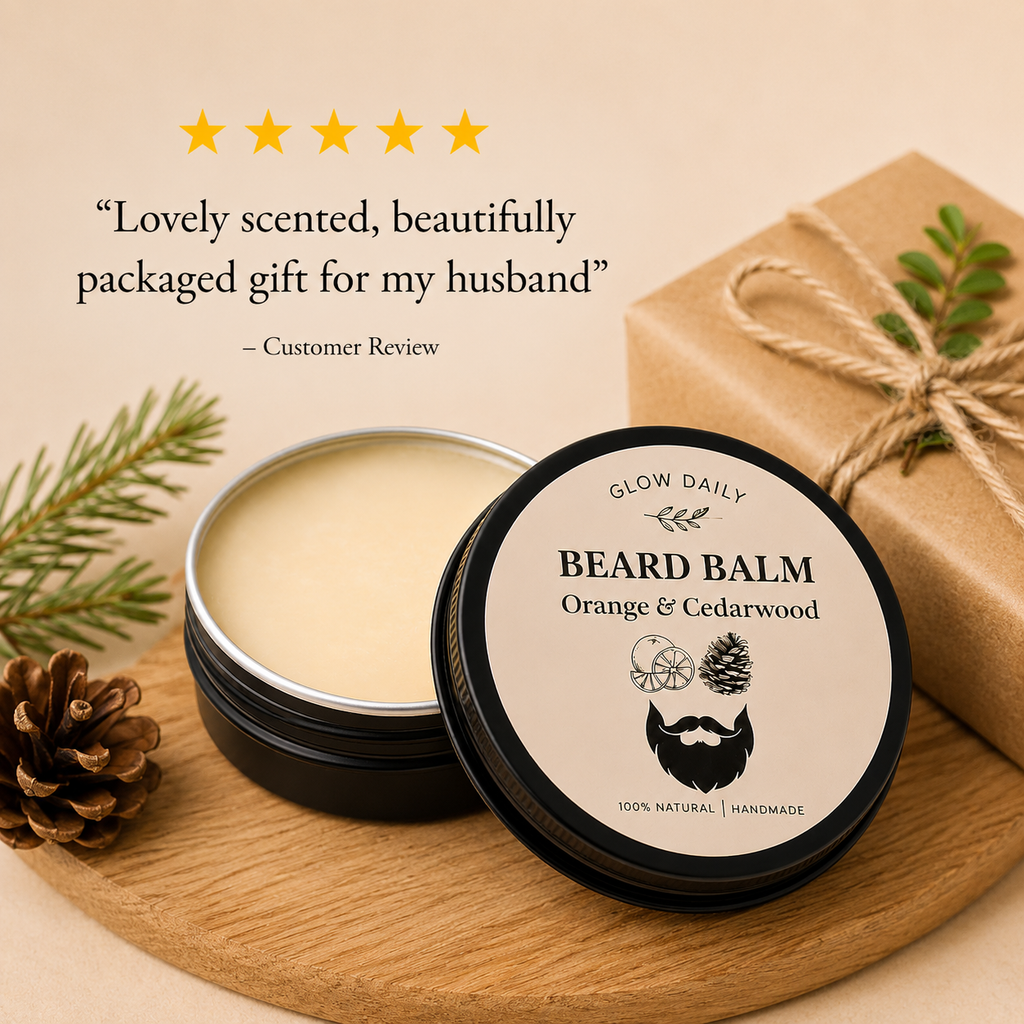 Beard balm with packaging on a wooden board, surrounded by decorative elements.