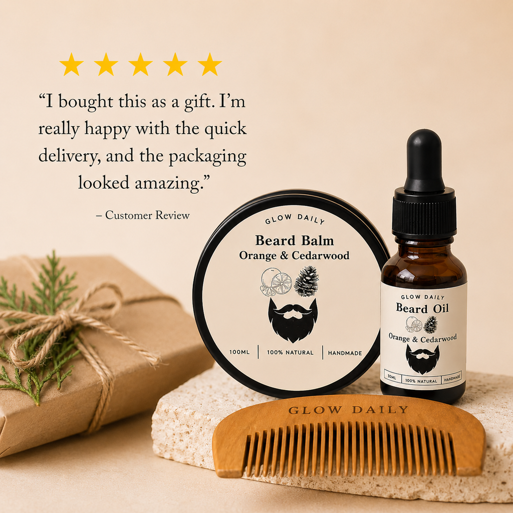 Beard care products including balm, oil, and comb with a customer review on a beige background.