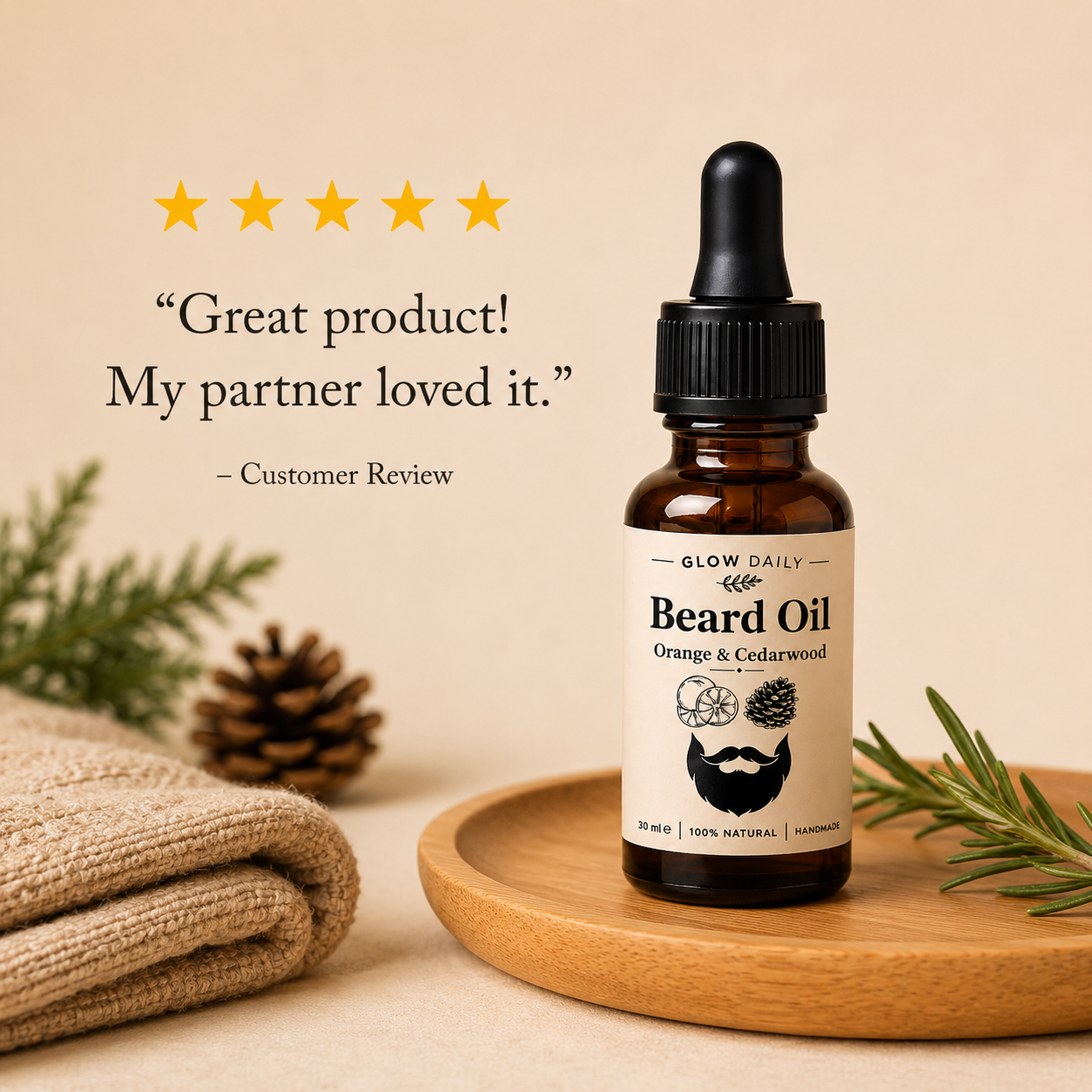 Beard oil bottle with a customer review on a beige background