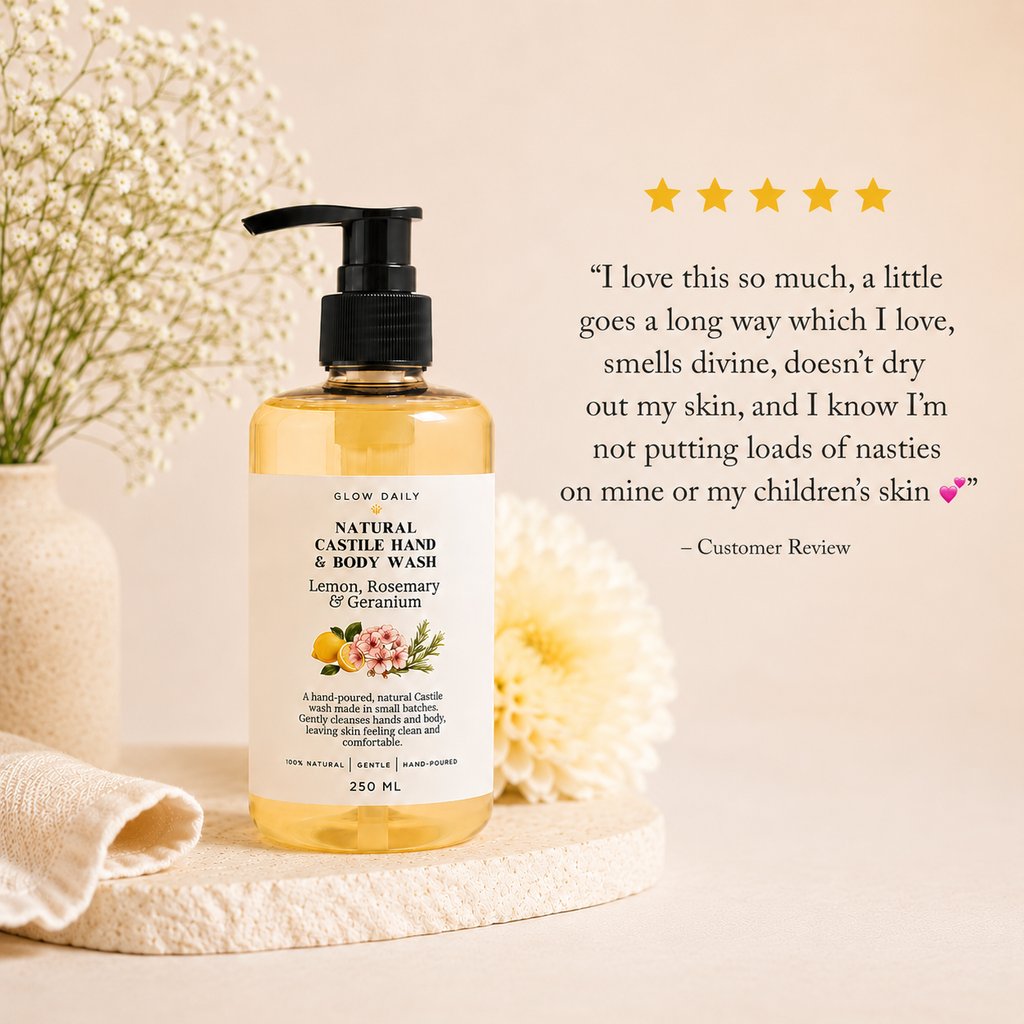 Hand and body wash bottle with a five-star customer review on a beige background
