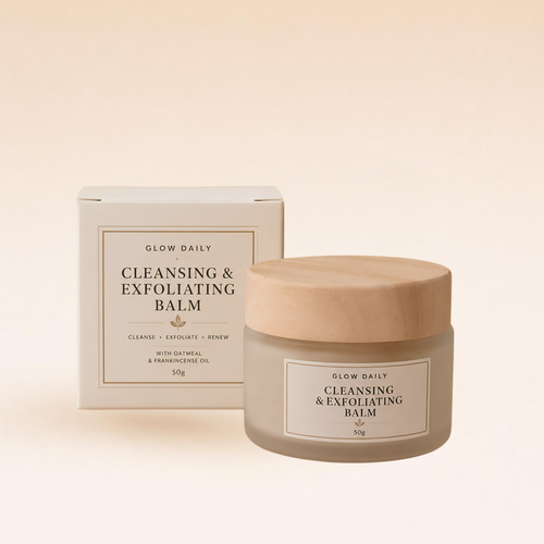 Glow Daily Cleansing & Exfoliating Balm shown with its cream-colored product box and a frosted jar with a light wood lid, set against a warm beige gradient background.