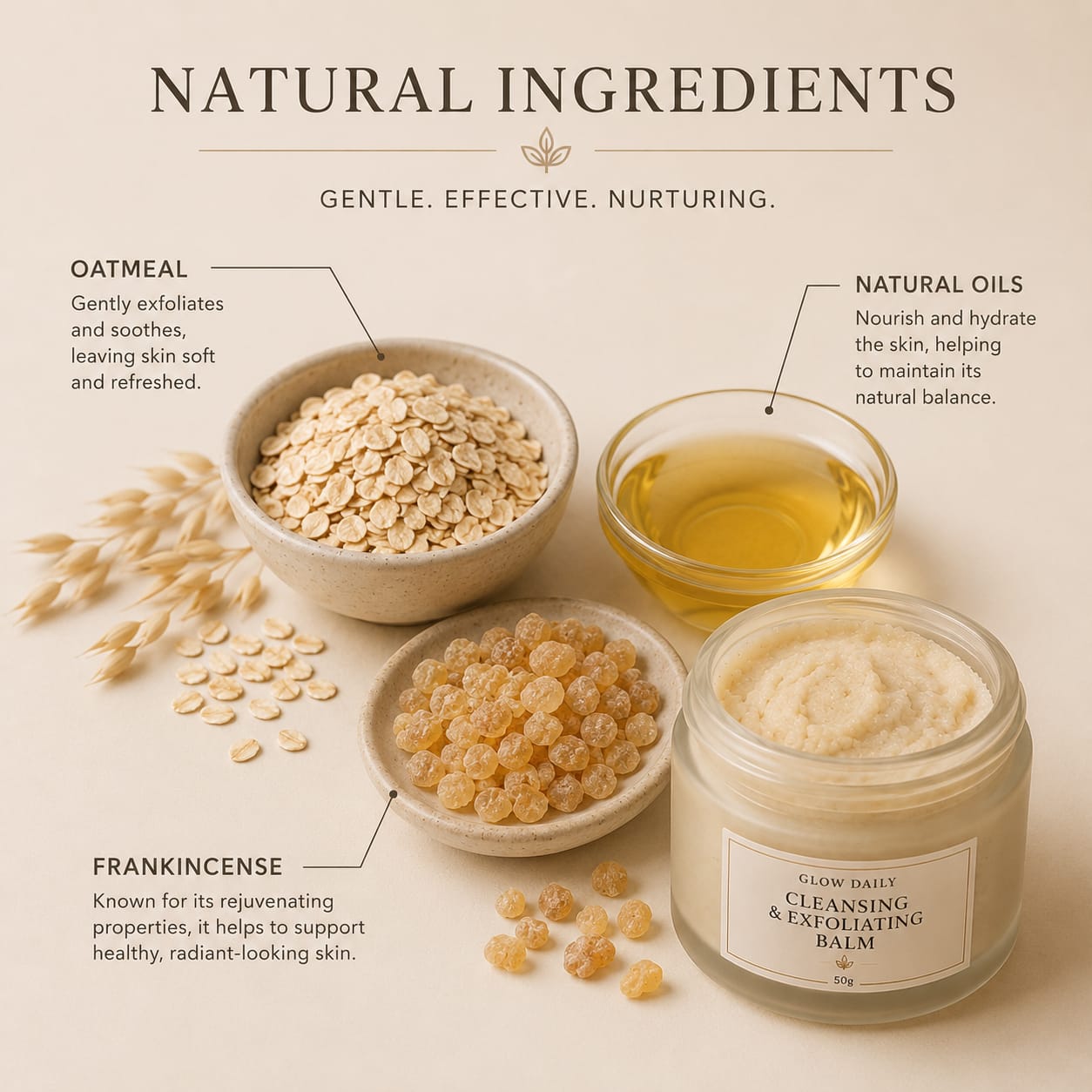 A cosmetic cleansing and exfoliating balm jar labeled 'FLOW BAIL' surrounded by ingredient callouts on a warm beige background: oatmeal flakes, frankincense resin pieces, and golden oil. Text reads 'NATURAL INGREDIENTS' with descriptive copy for each ingredient.