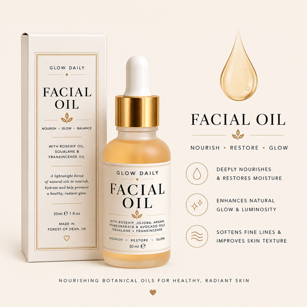 Glow Daily Facial Oil bottle with a gold dropper cap next to its white and gold packaging box, with a large golden oil droplet graphic and product benefits text on a warm cream background.