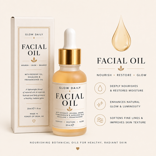 Glow Daily Facial Oil bottle with a gold dropper cap next to its white and gold packaging box, with a large golden oil droplet graphic and product benefits text on a warm cream background.