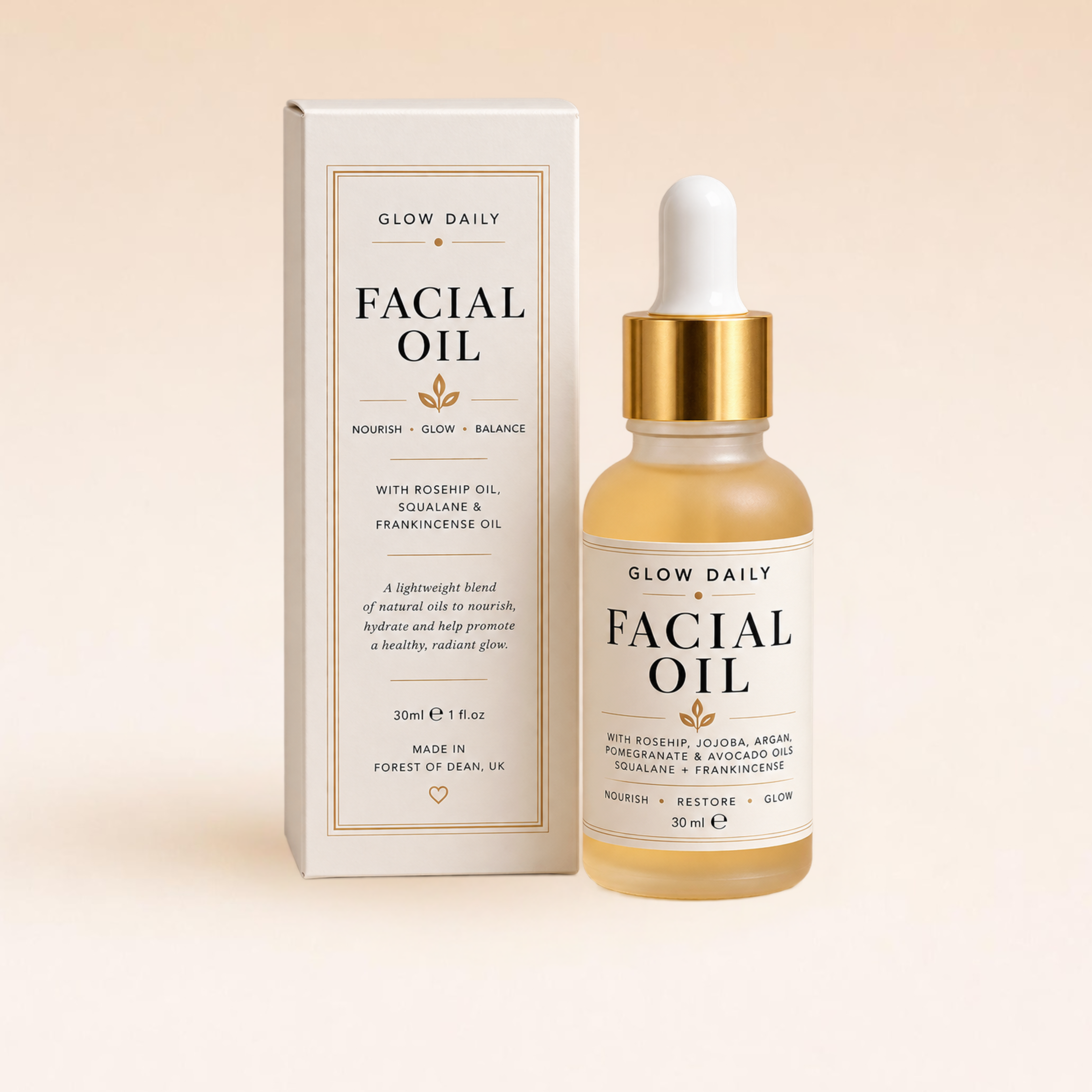 Glow Daily Facial Oil in a clear glass dropper bottle with a gold collar and white dropper top, shown next to its cream-colored product box on a warm beige background.