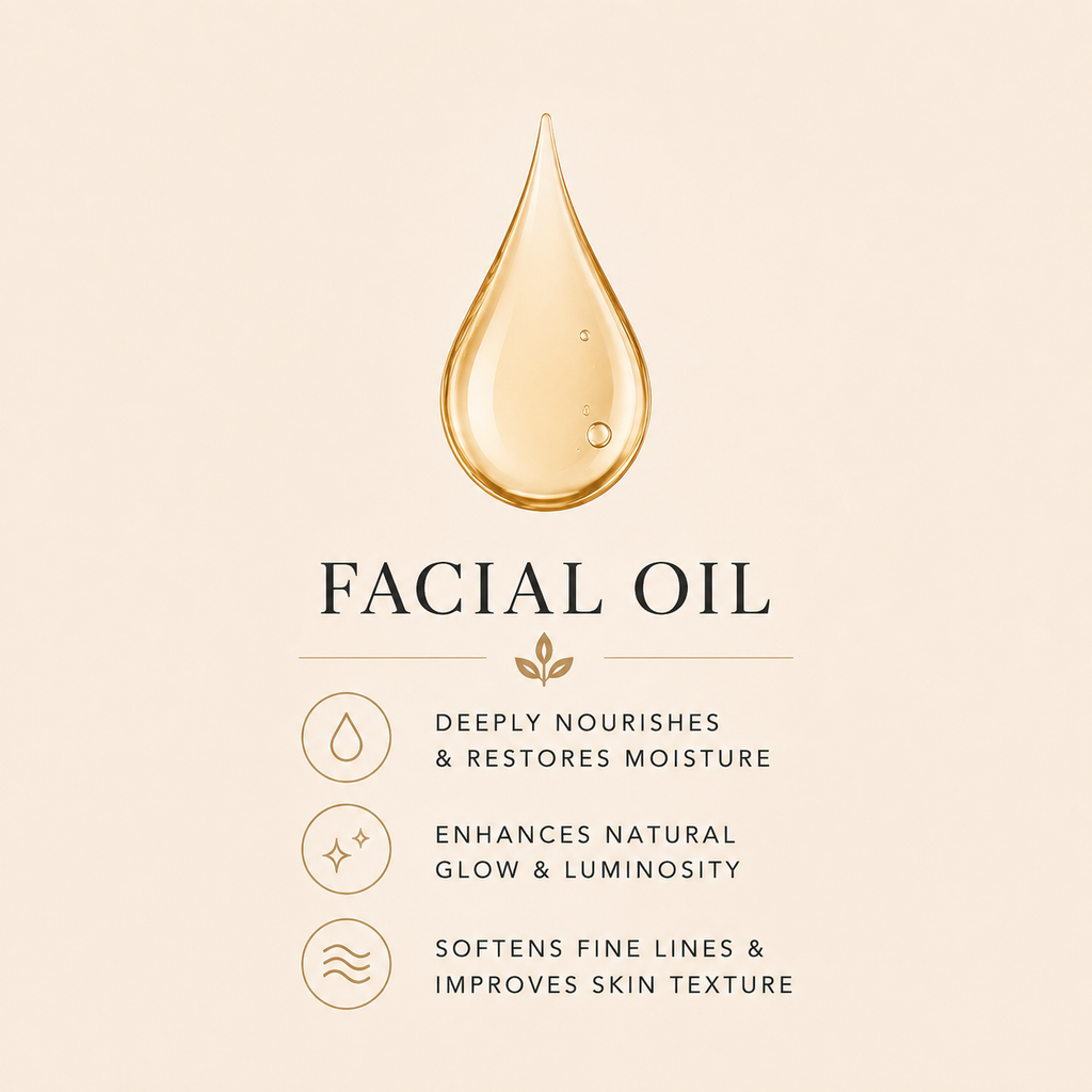 A promotional graphic for facial oil on a warm beige background, featuring a large golden oil droplet at the top and text listing benefits: deeply nourishes and restores moisture, enhances natural glow and luminosity, and softens fine lines and improves skin texture.