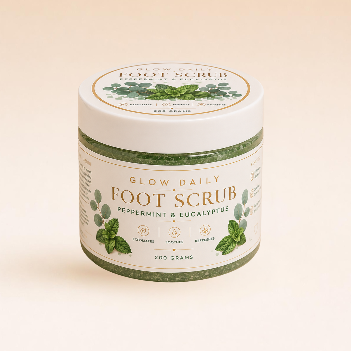 Glow Daily Cleansing & Exfoliating Balm shown with its cream-colored product box and a frosted jar with a light wood lid, set against a warm beige gradient background.