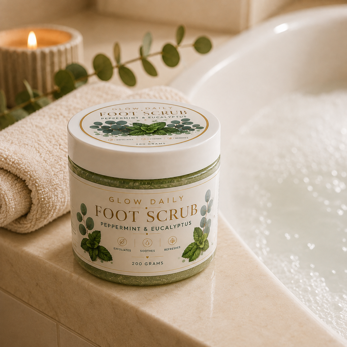 A jar of Glow Daily Foot Scrub in Peppermint and Eucalyptus sits on a beige bathroom counter next to a rolled towel, a lit candle, and a bubbling bathtub.