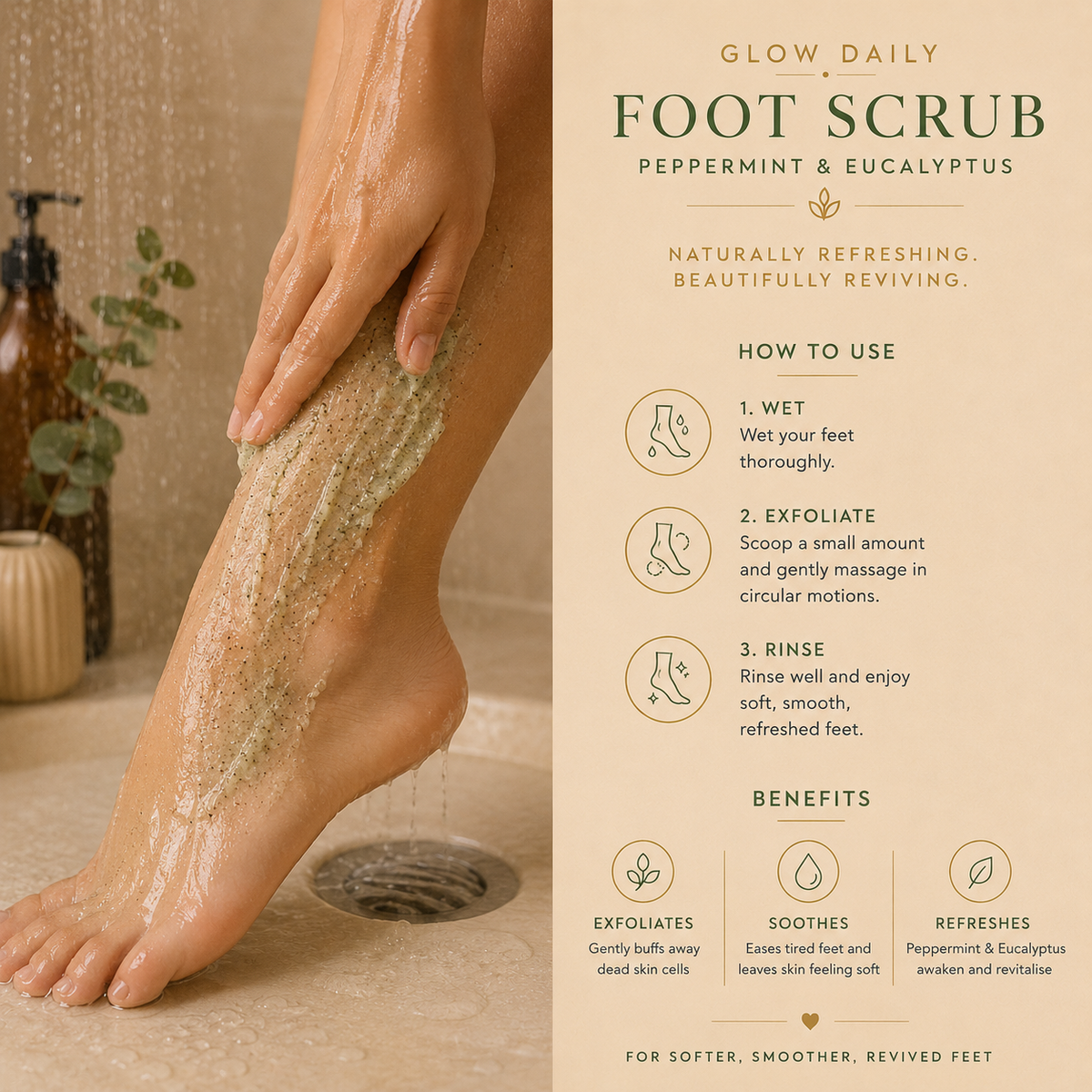 A foot scrub application scene on a person's lower leg, with a beige shower background and text panel detailing how to use and benefits of Glow Daily Foot Scrub Peppermint & Eucalyptus.