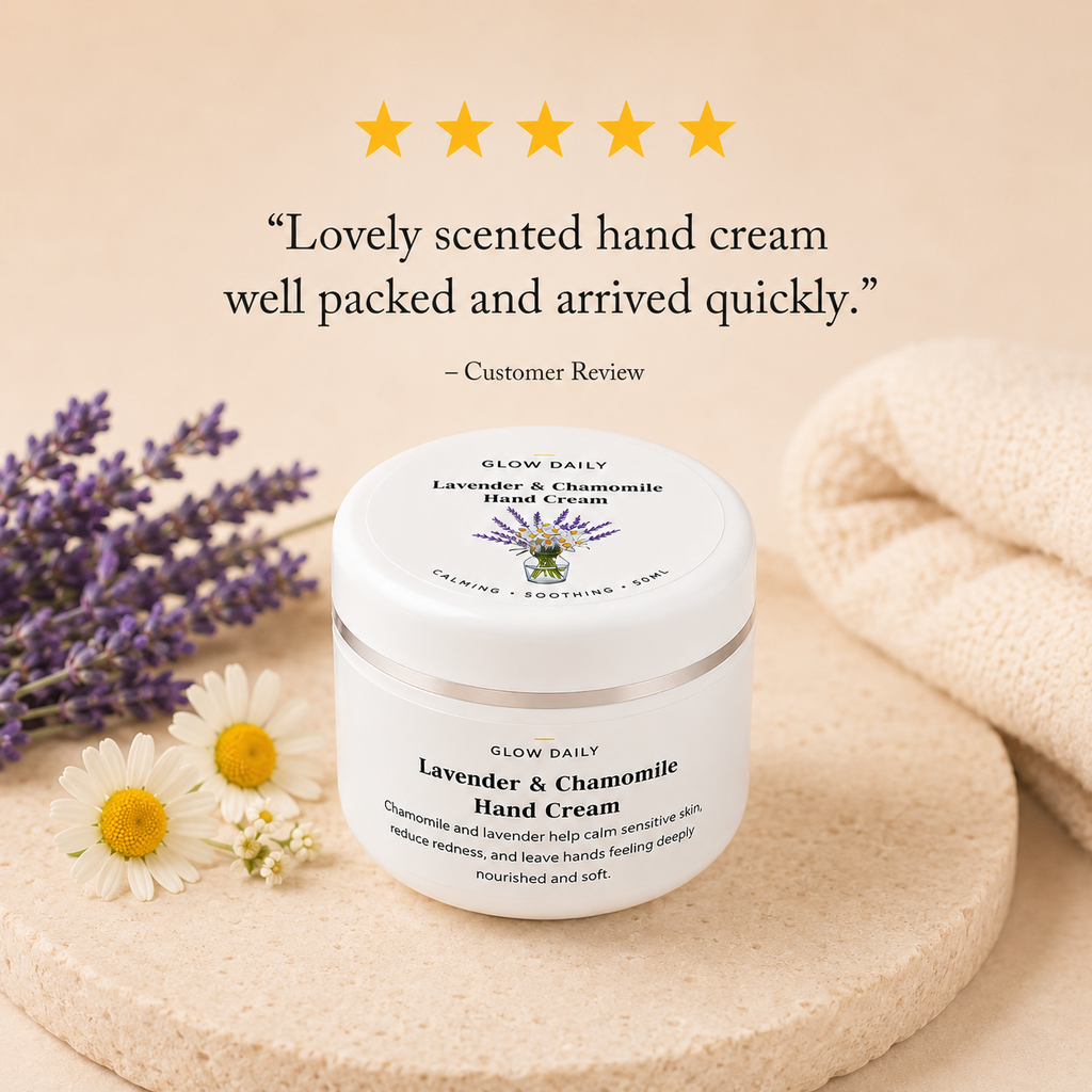 Lavender and Chamomile Hand Cream with customer review on a beige background
