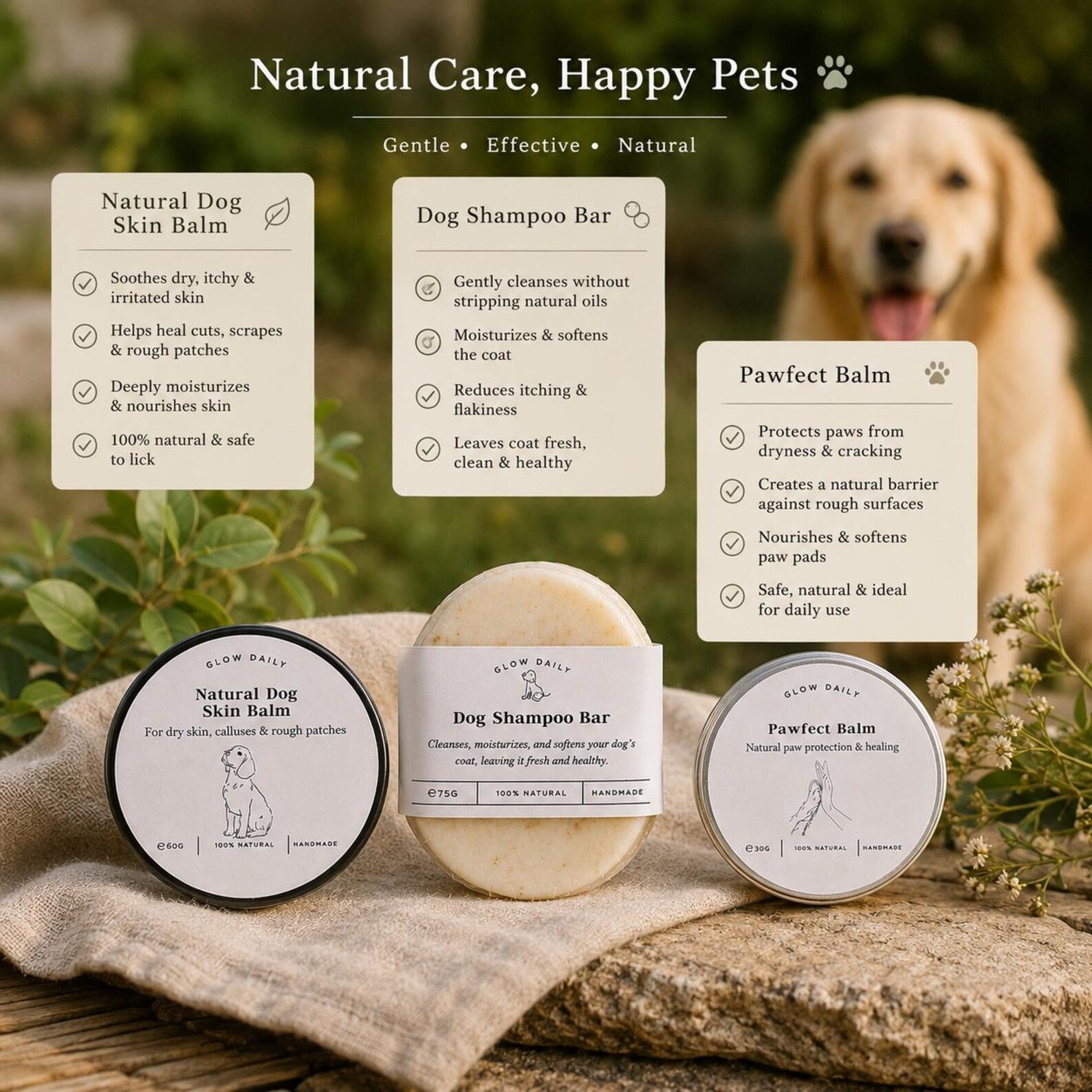 Natural Dog Care Gift Set – Shampoo Bar, Paw Balm & Skin Balm