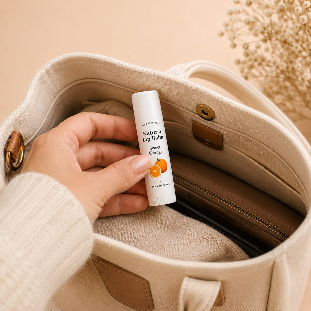 A hand holding a white tube of New Balance Natural Lip Balm in Sweet Orange inside an open beige canvas tote bag.