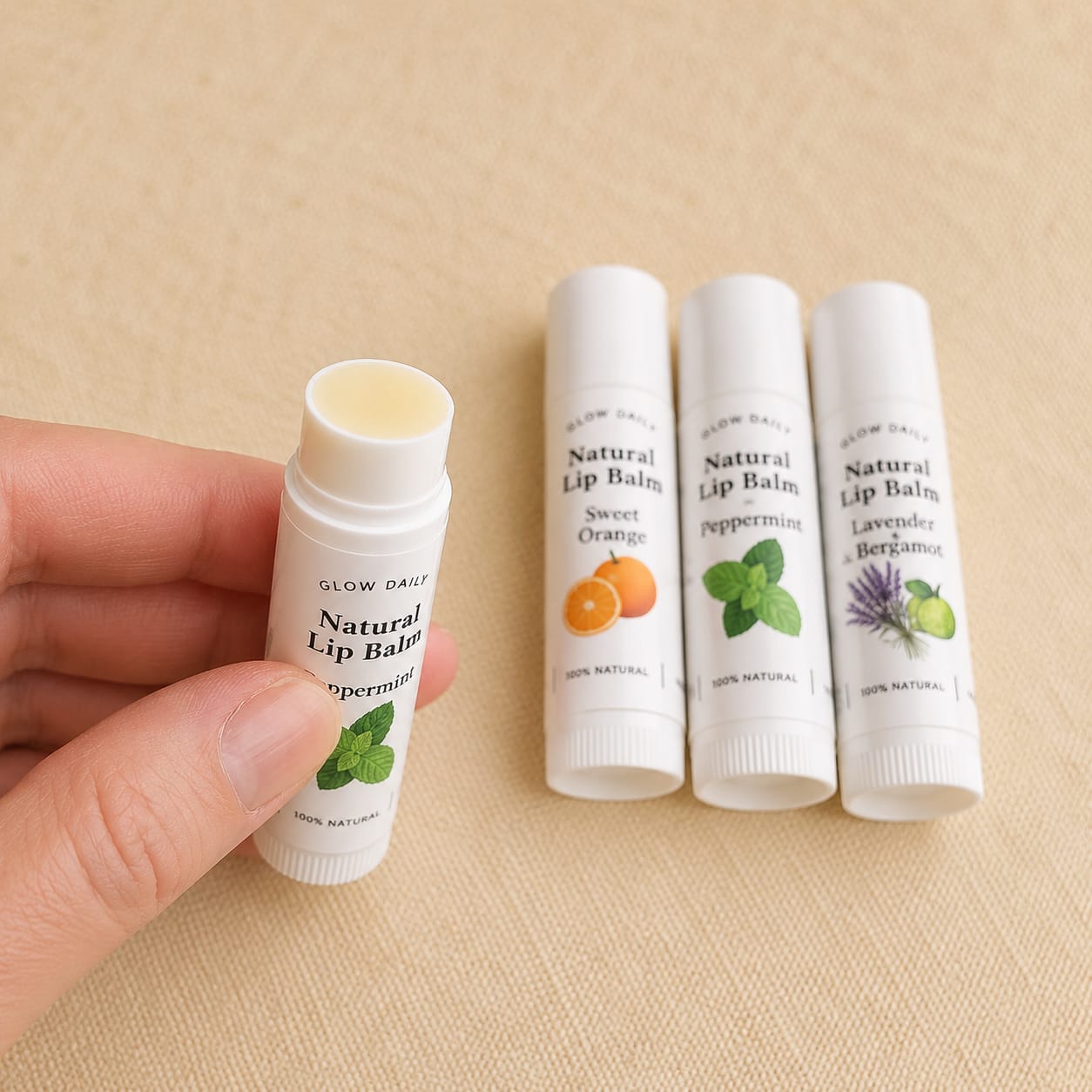 A hand holds a white lip balm tube labeled Peppermint, with three more lip balm tubes standing upright in the background. The tubes are white with black text and colorful fruit and mint illustrations.