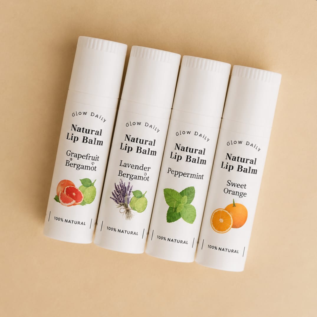 Four white Glow Daily Natural Lip Balm tubes arranged in a row on a warm beige background. The tubes feature different flavor illustrations: Grapefruit, Lavender Bergamot, Peppermint, and Sweet Orange.