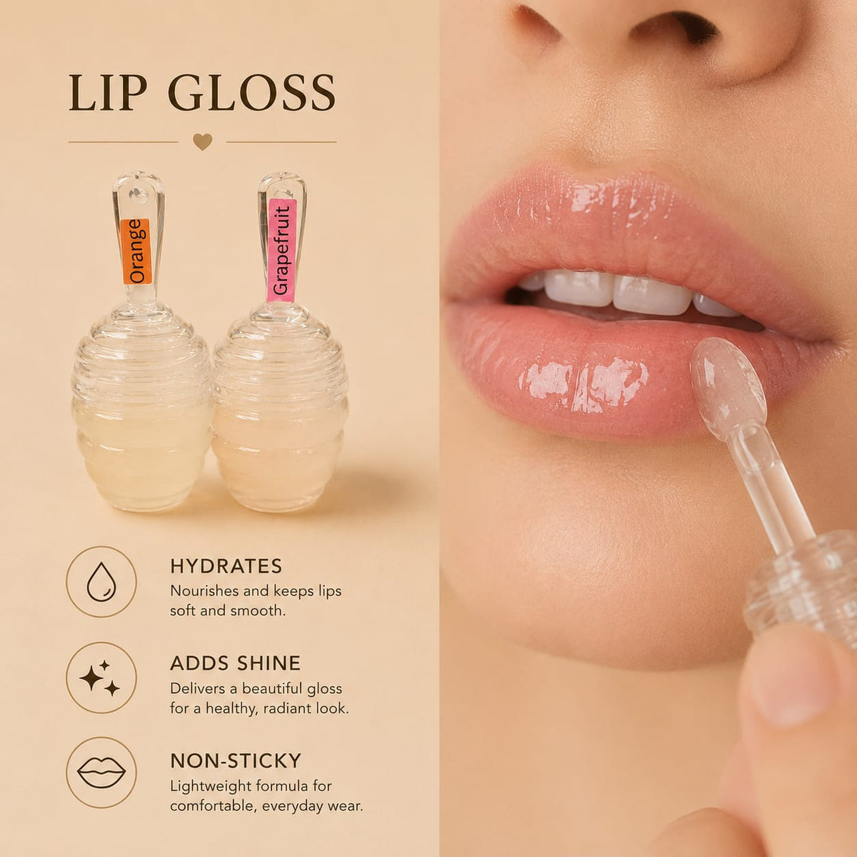 Lip gloss dropper bottles labeled Orange and Grapefruit on a beige background, alongside a close-up of a person applying glossy lip gloss with a clear dropper.