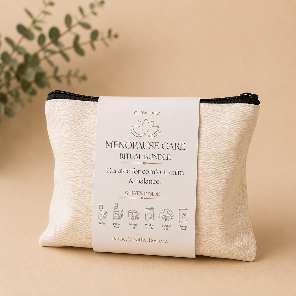 Menopause care ritual bundle packaging on a beige background