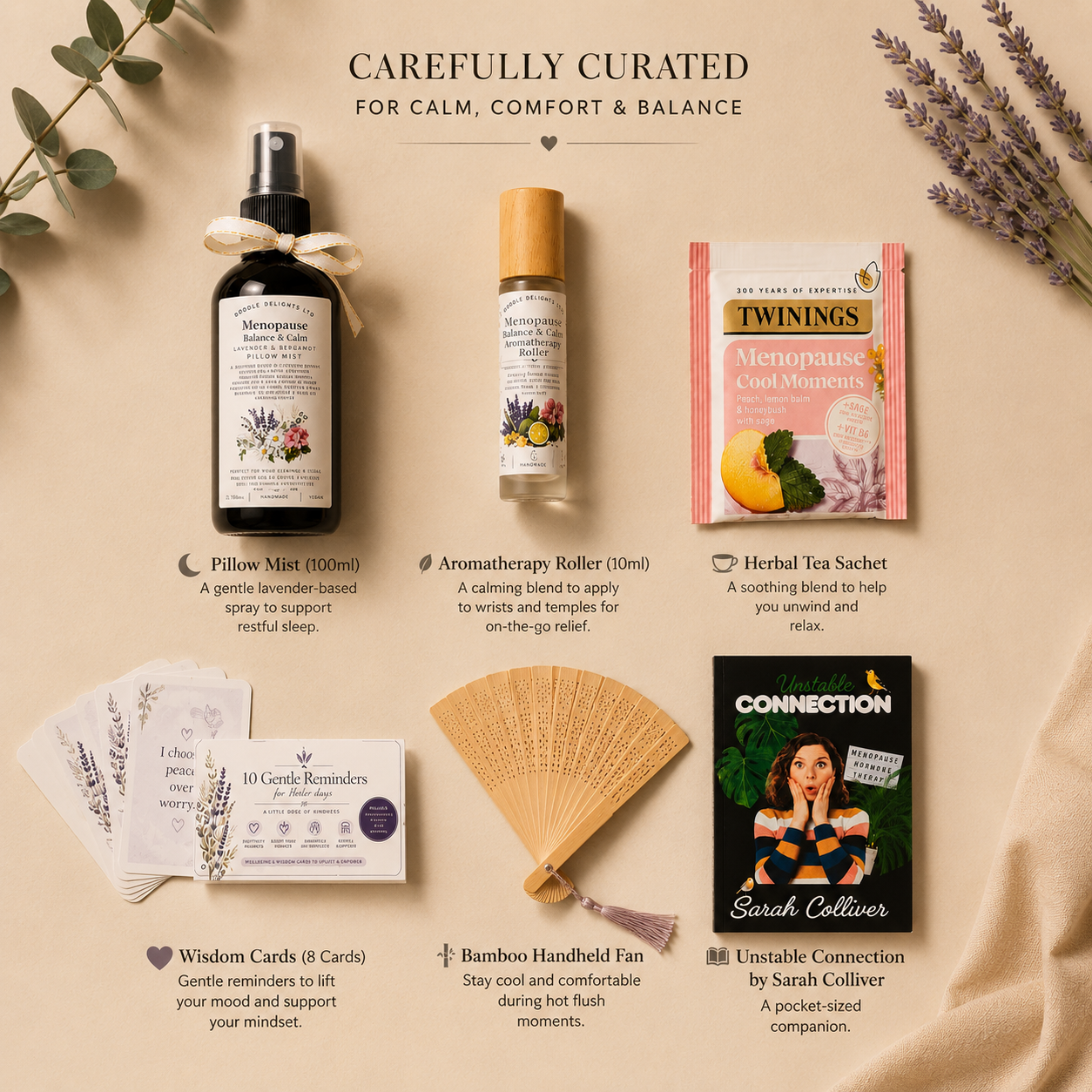 Collection of wellness products including a pillow mist, aromatherapy roller, tea sachet, cards, and a book on a beige background.