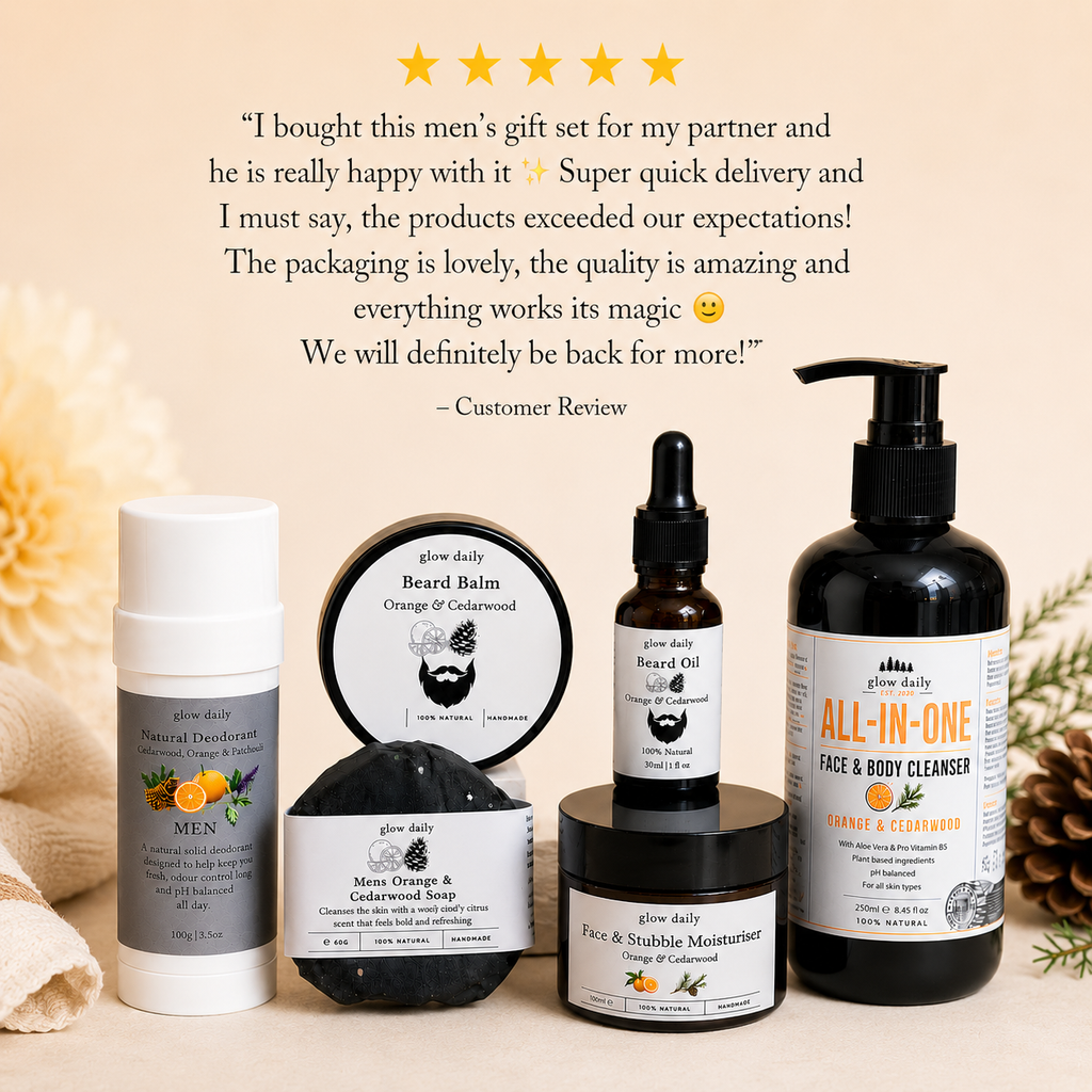 Men's grooming product set with positive customer review text overlay