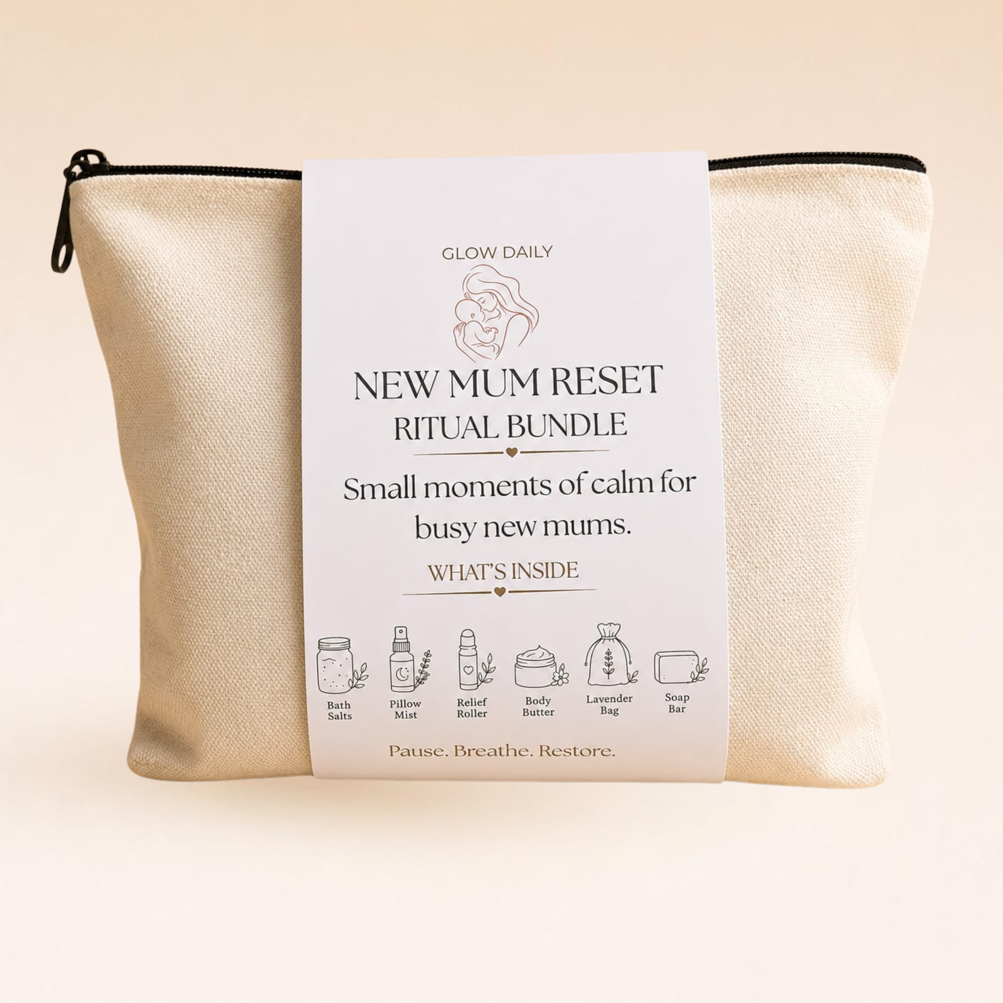 New Mum Reset Ritual Bundle packaging with a beige pouch and white label on a beige background