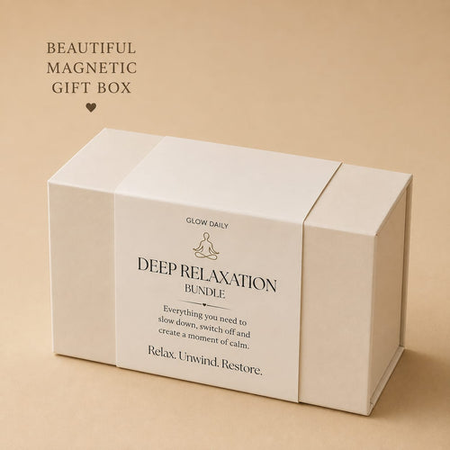 A cream-colored magnetic gift box for a 'Deep Relaxation Bundle' by Glow Daily, displayed on a warm beige background with text overlay in the top left.